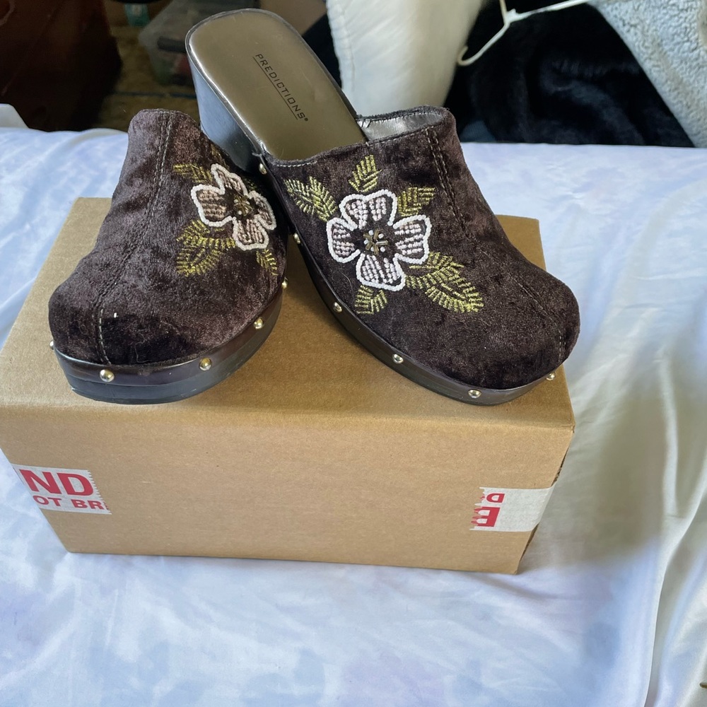 Clogs.  Brown velvet, hand embroidered.